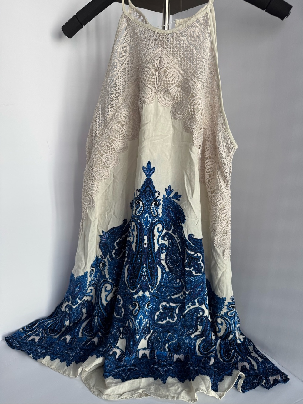 Boho Lace Paisley Sleeveless Swing Tunic Dress Blue White Women’s